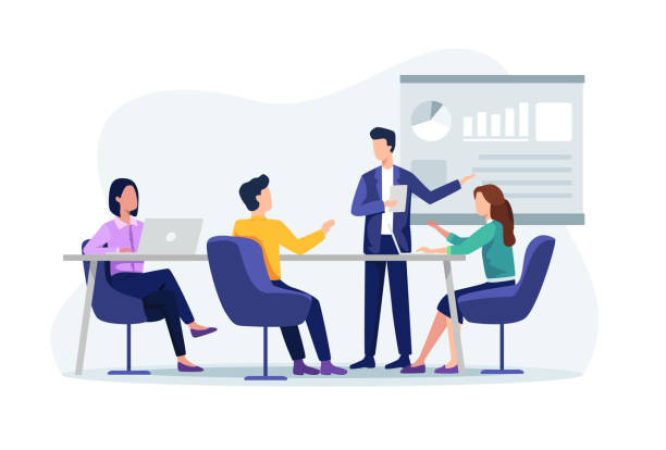 People on presentation conference, Businessman at project strategy. Business people working together, Presentation and discussion of the project. Vector in a flat style